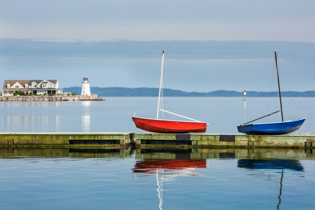 two red and blue boats